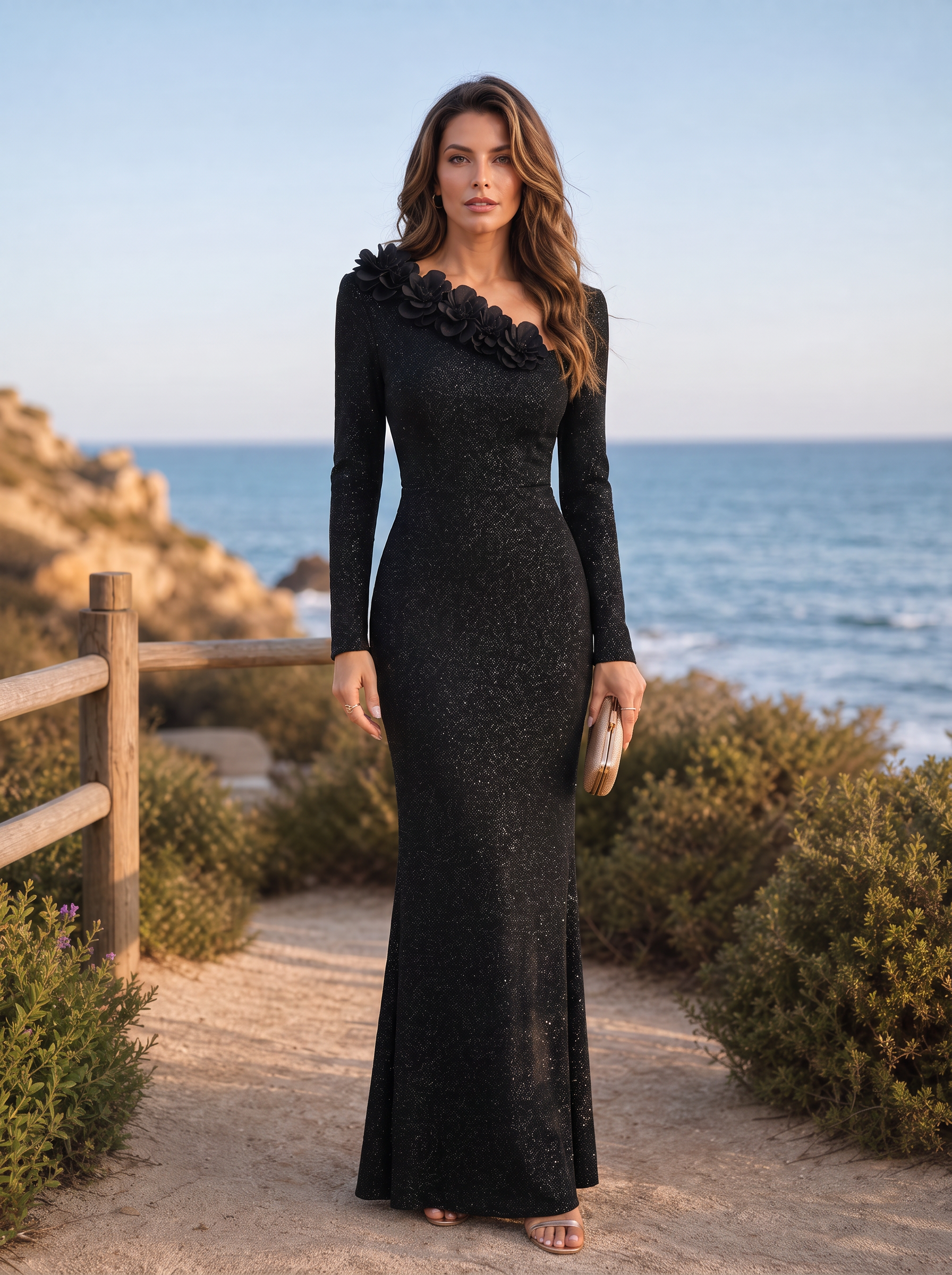 Black Glitter Knit Asymmetrical One-Shoulder Floral Applique Mermaid Floor-Length Gown Dress