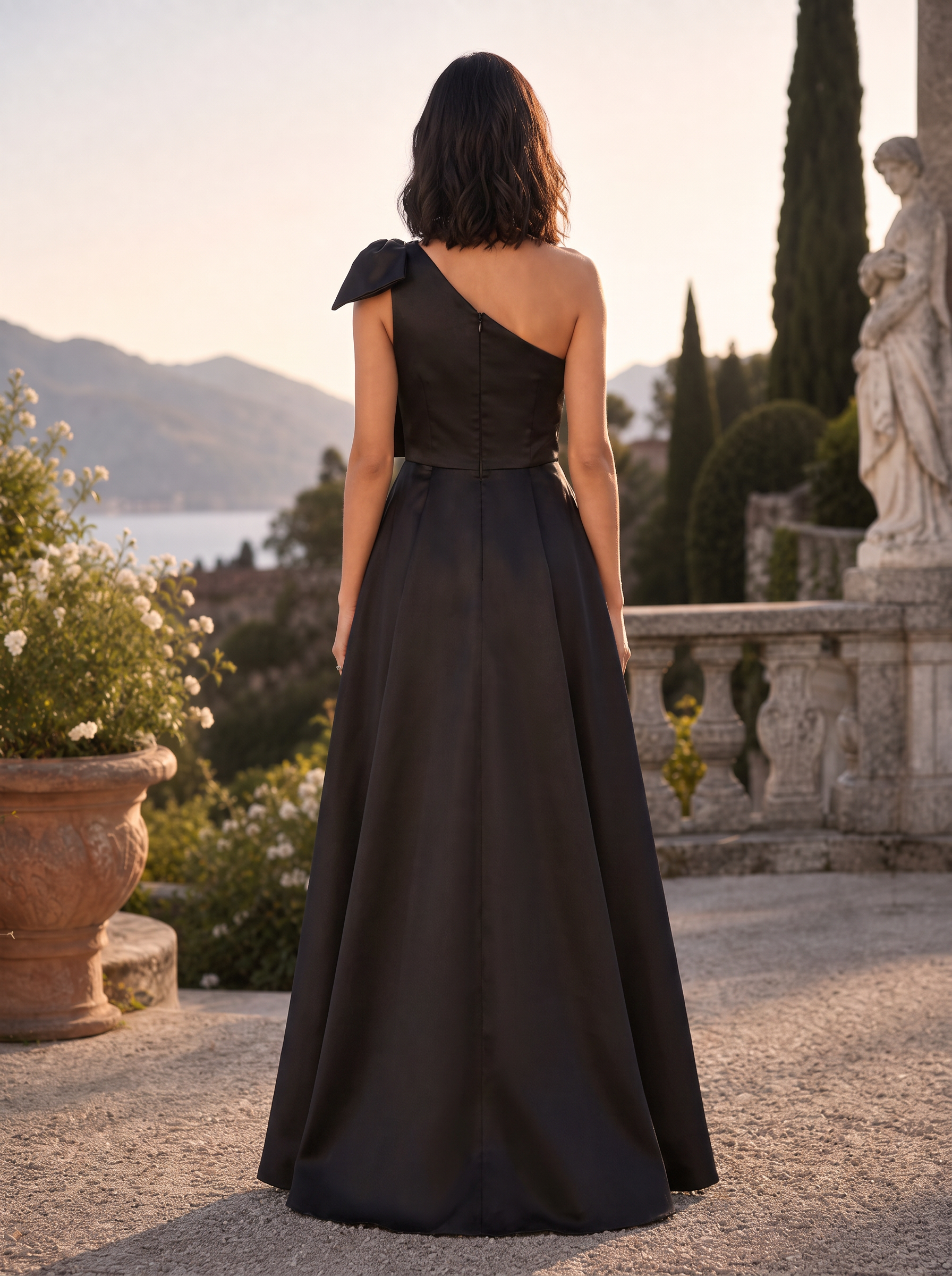 Black One-Shoulder Bow Embellished Embroidered A-Line Floor-Length Gown Dress