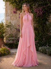 Pink Halter Ruched Chiffon Floor-Length Gown Dress