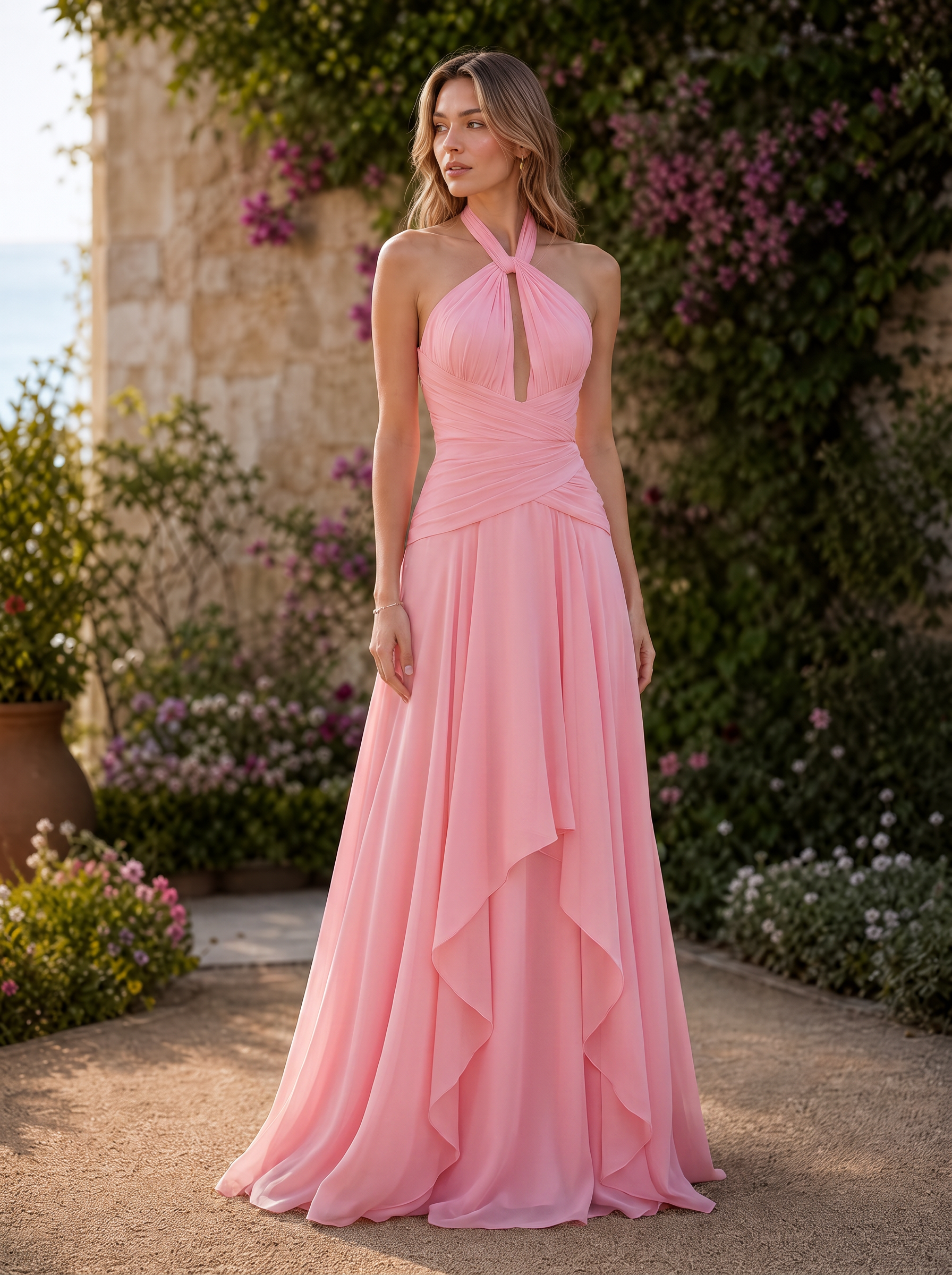 Pink Halter Ruched Chiffon Floor-Length Gown Dress