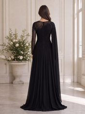 Black One-Shoulder Beaded Long Sleeve Pleated Floor-Length Gown Dress