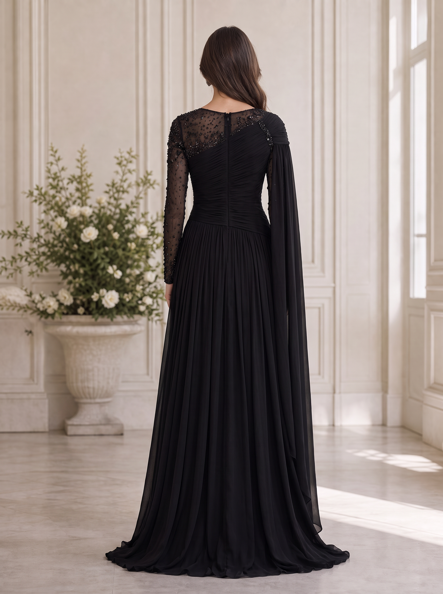 Black One-Shoulder Beaded Long Sleeve Pleated Floor-Length Gown Dress