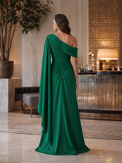 Emerald Green Chiffon One-Shoulder Draped High-Slit Sheath Floor-Length Gown Dress