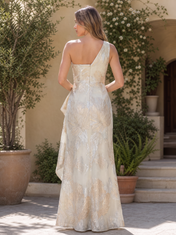 Champagne and Gold Brocade One-Shoulder Floor-Length Gown Dress