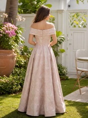 Blush Pink and Gold Brocade Off-the-Shoulder Floor-Length Gown Dress
