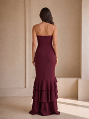 Strapless Burgundy Crepe Evening Dresses with Tiered Ruffle Slit Skirt