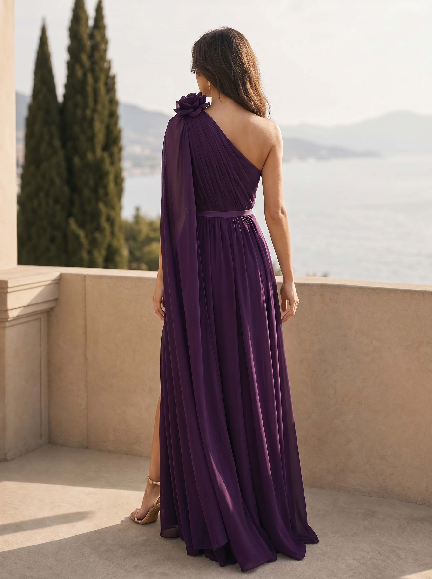 One-Shoulder Deep Purple Chiffon Evening Dresses with Rosette Accent and Shoulder Sash