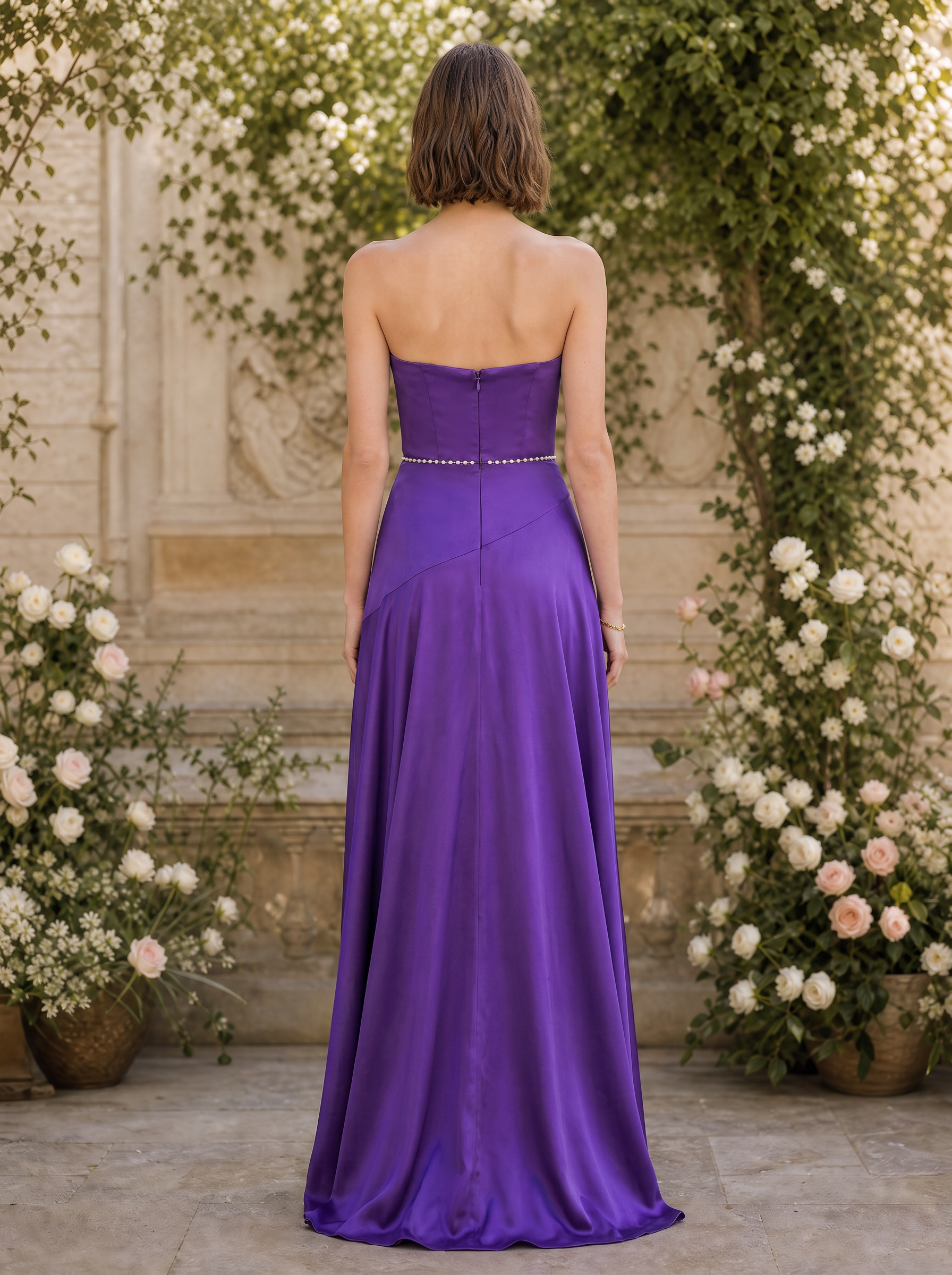 Purple Rose Draped Asymmetric Satin Floor-Length Gown Dress