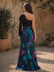 Black and Teal Abstract Print One-Shoulder High-Slit Floor-Length Gown Dress
