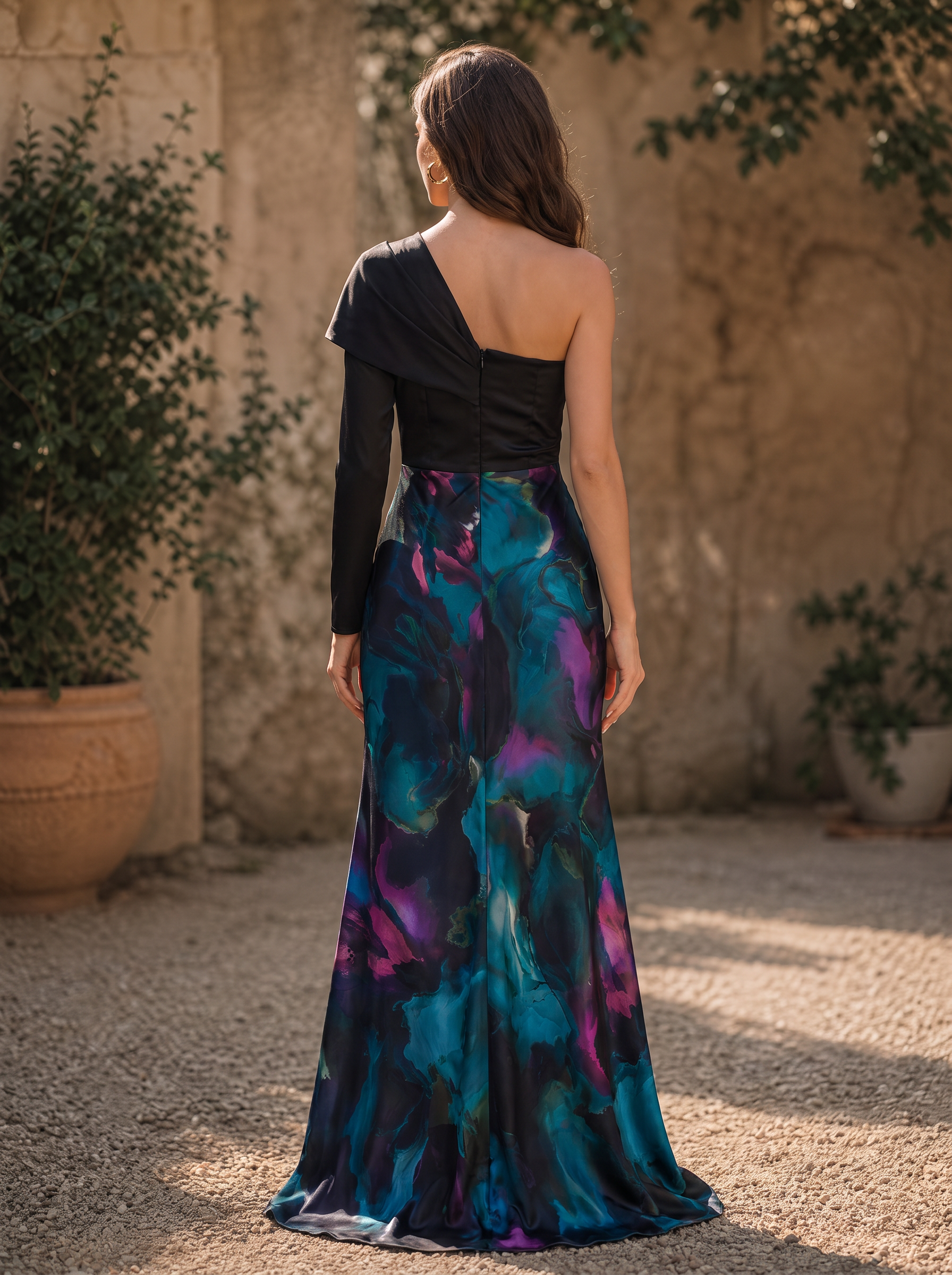 Black and Teal Abstract Print One-Shoulder High-Slit Floor-Length Gown Dress