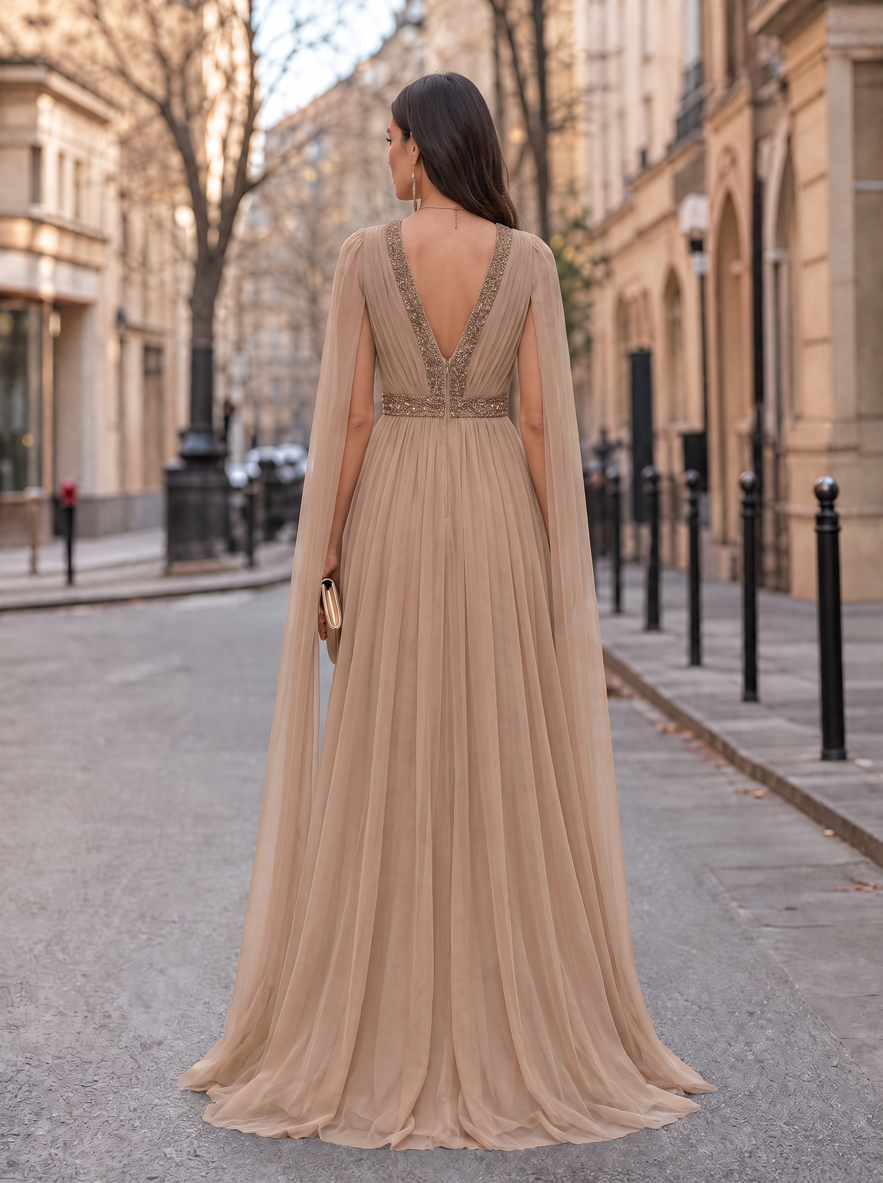 Champagne V-Neck Cape Sleeve Beaded A-Line Floor-Length Gown Dress