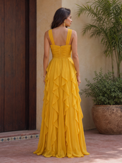 Mustard Yellow Halter Criss-Cross Ruched Ruffled Chiffon Floor-Length Gown Dress