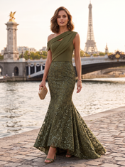 Olive Green Beaded Mesh One-Shoulder Draped Bodice Mermaid Floor-Length Gown Dress