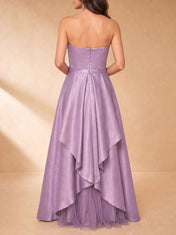 Lavender Satin Strapless Tiered Overlay A-Line Floor-Length Gown Dress