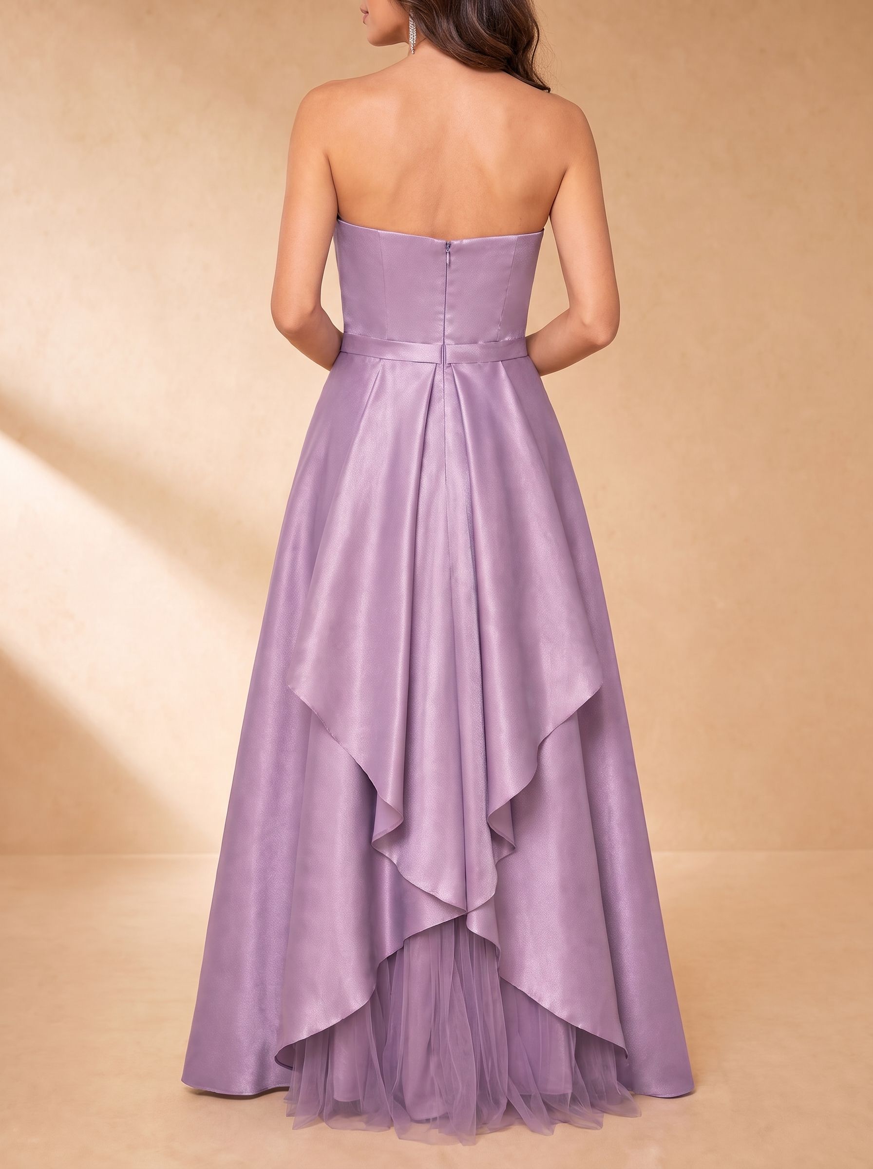 Lavender Satin Strapless Tiered Overlay A-Line Floor-Length Gown Dress