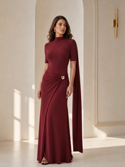 Mock-Neck Ruched Burgundy Jersey Evening Dresses with Shoulder Cape
