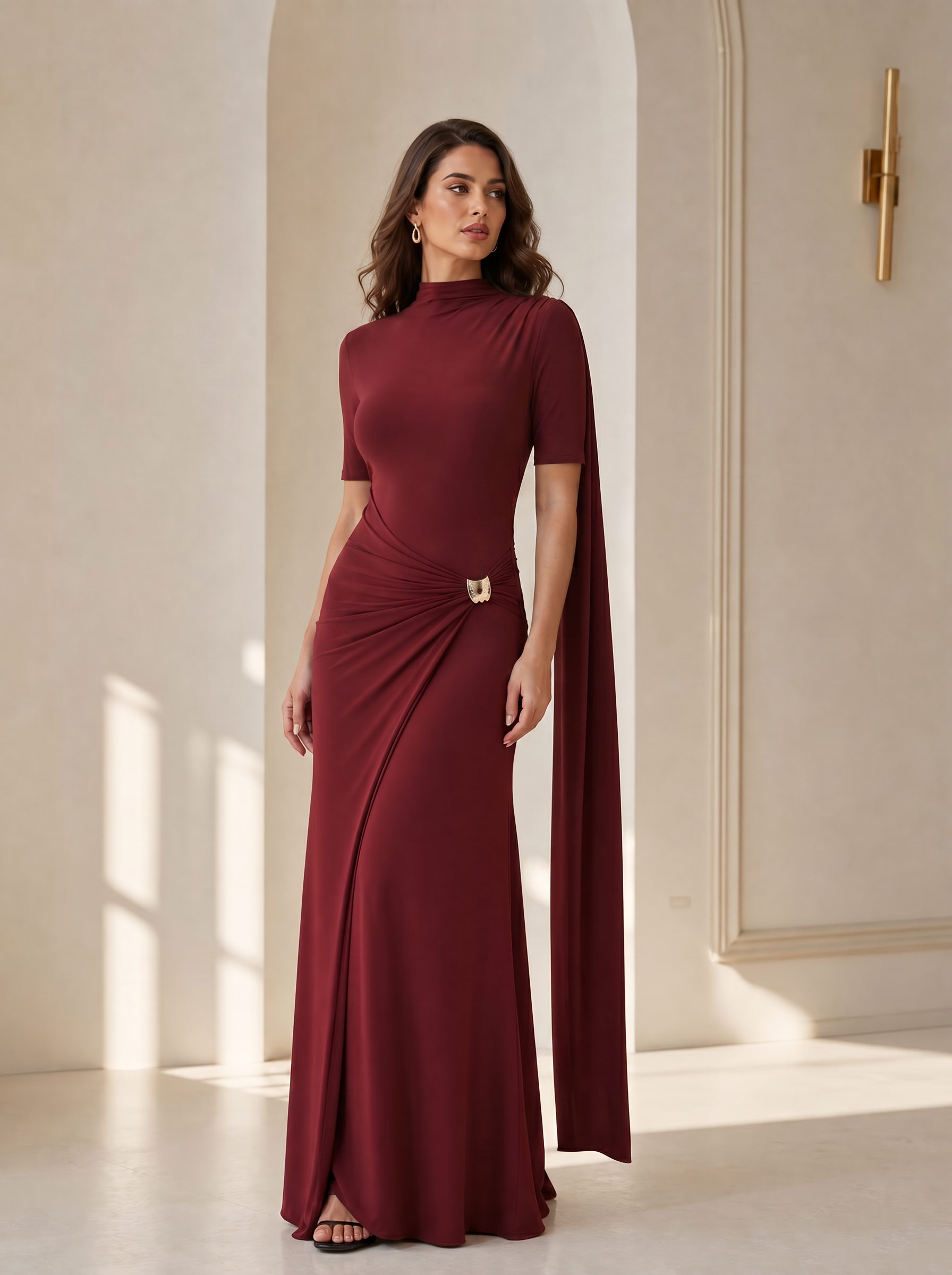 Mock-Neck Ruched Burgundy Jersey Evening Dresses with Shoulder Cape