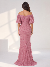 Dusty Rose Off-the-Shoulder Ruched Sequin Lace Floor-Length Gown Dress