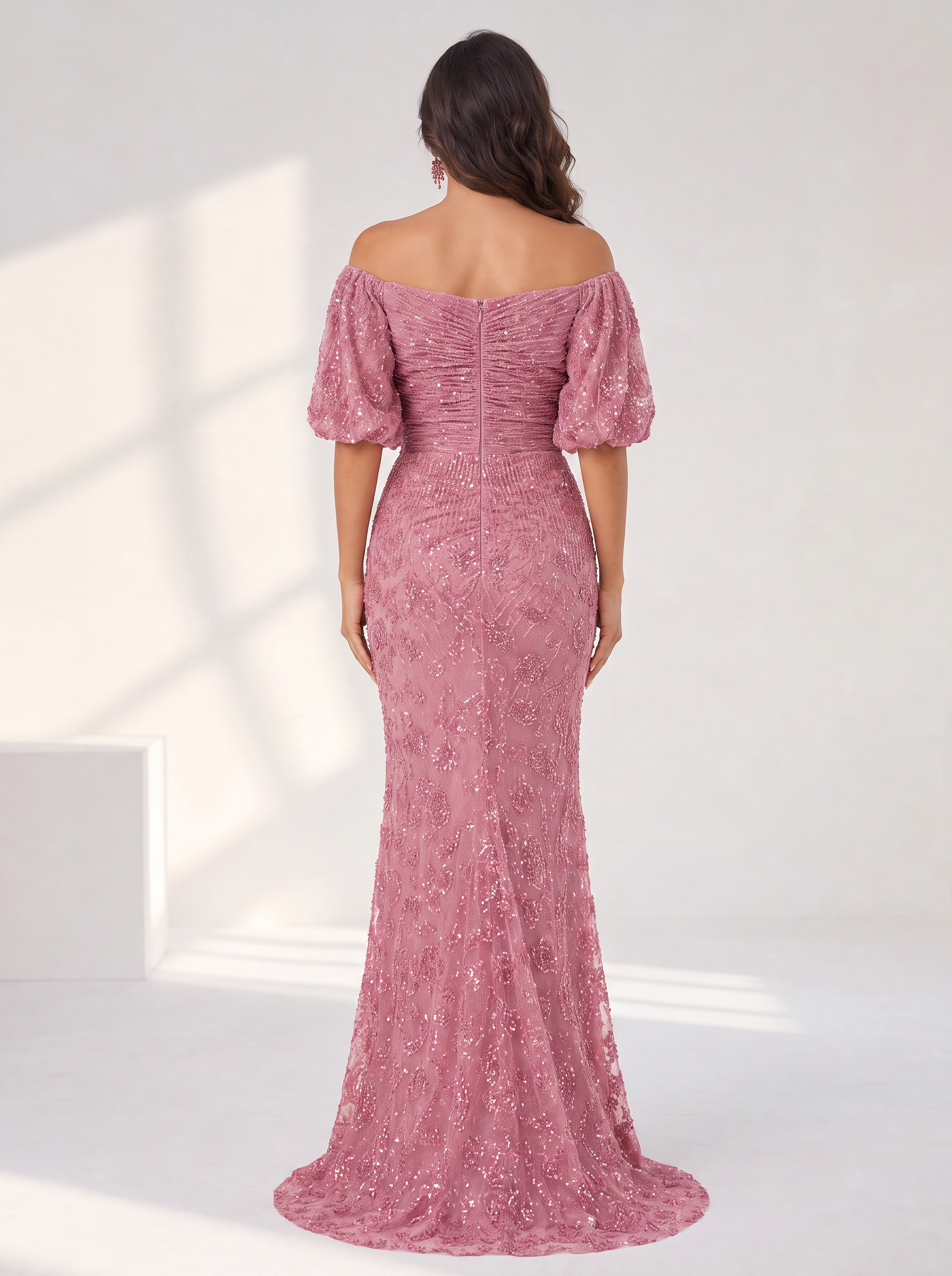 Dusty Rose Off-the-Shoulder Ruched Sequin Lace Floor-Length Gown Dress
