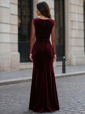 Long-Sleeve Burgundy Velvet Evening Dresses with Sheer Mesh Sleeves and Cascading Front Drape