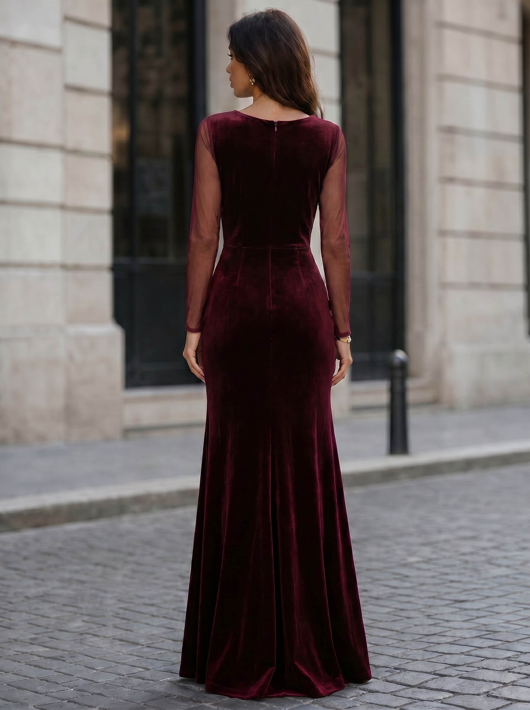 Long-Sleeve Burgundy Velvet Evening Dresses with Sheer Mesh Sleeves and Cascading Front Drape
