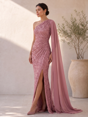Dusty Rose One-Shoulder Ruched Sequin Lace Floor-Length Gown Dress