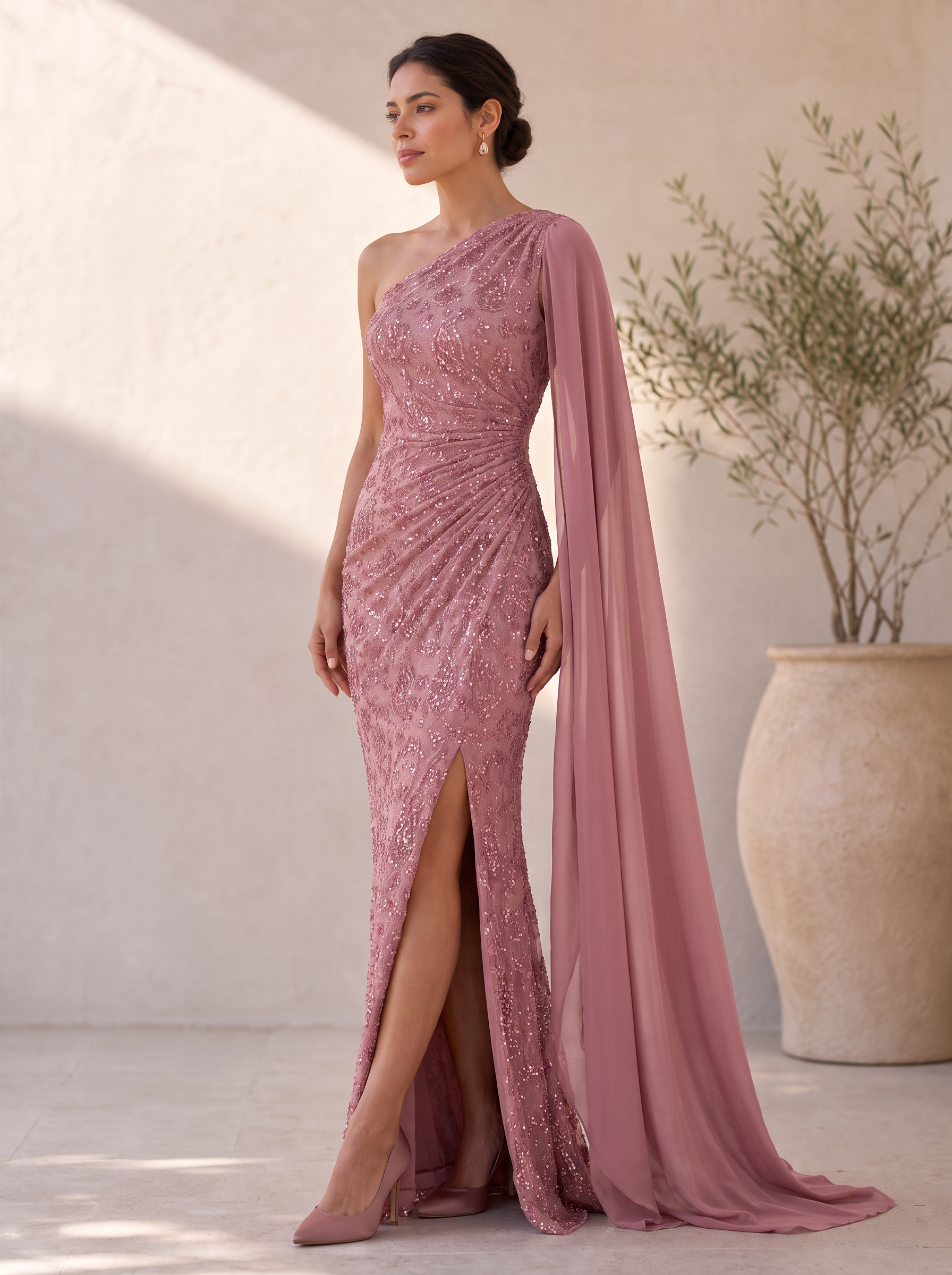 Dusty Rose One-Shoulder Ruched Sequin Lace Floor-Length Gown Dress