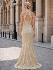 Halter Neck Amber Gold Beaded Evening Dresses with Criss-Cross Front and Trumpet Skirt
