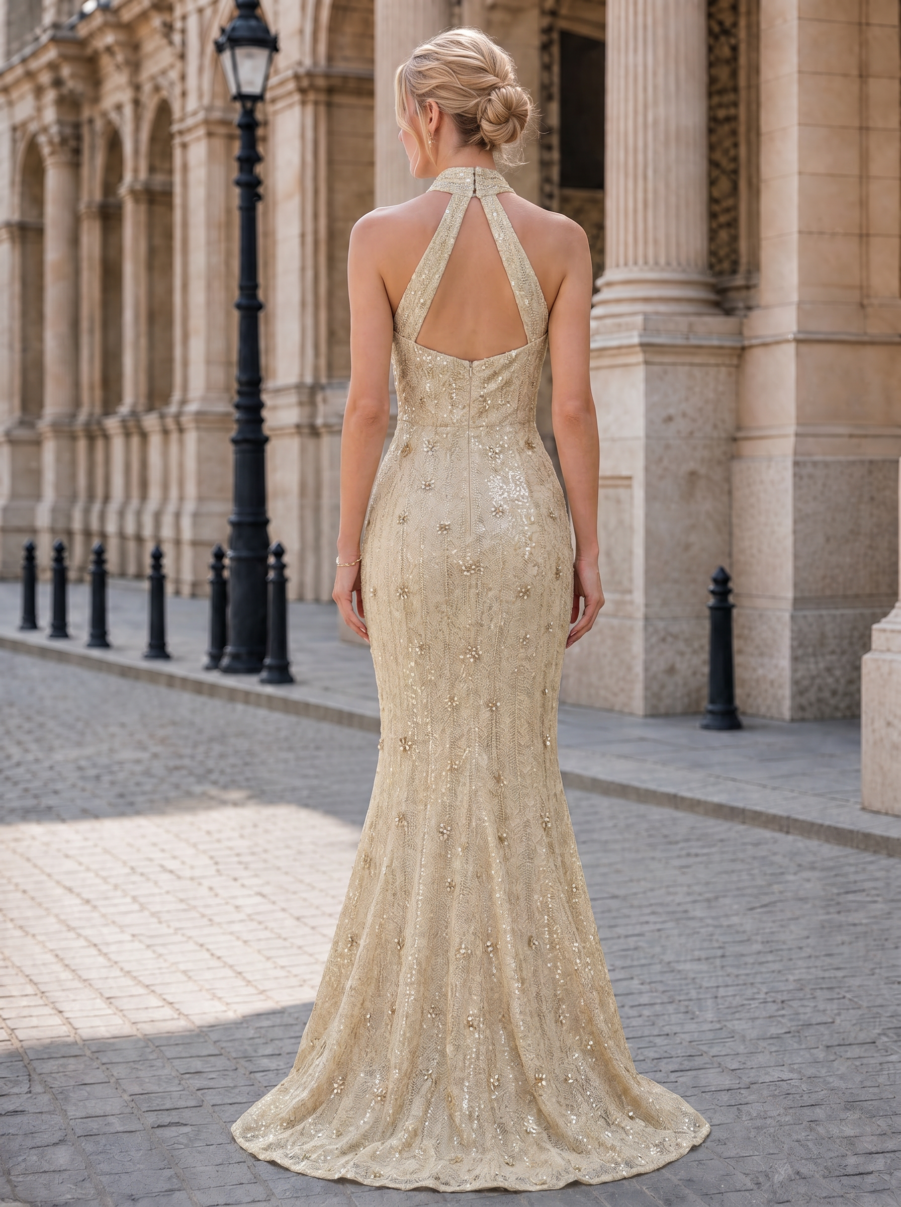 Halter Neck Amber Gold Beaded Evening Dresses with Criss-Cross Front and Trumpet Skirt