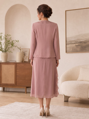 Dusty Rose Long Sleeve Jacket Ruffled Midi Mother of the Bride Dress