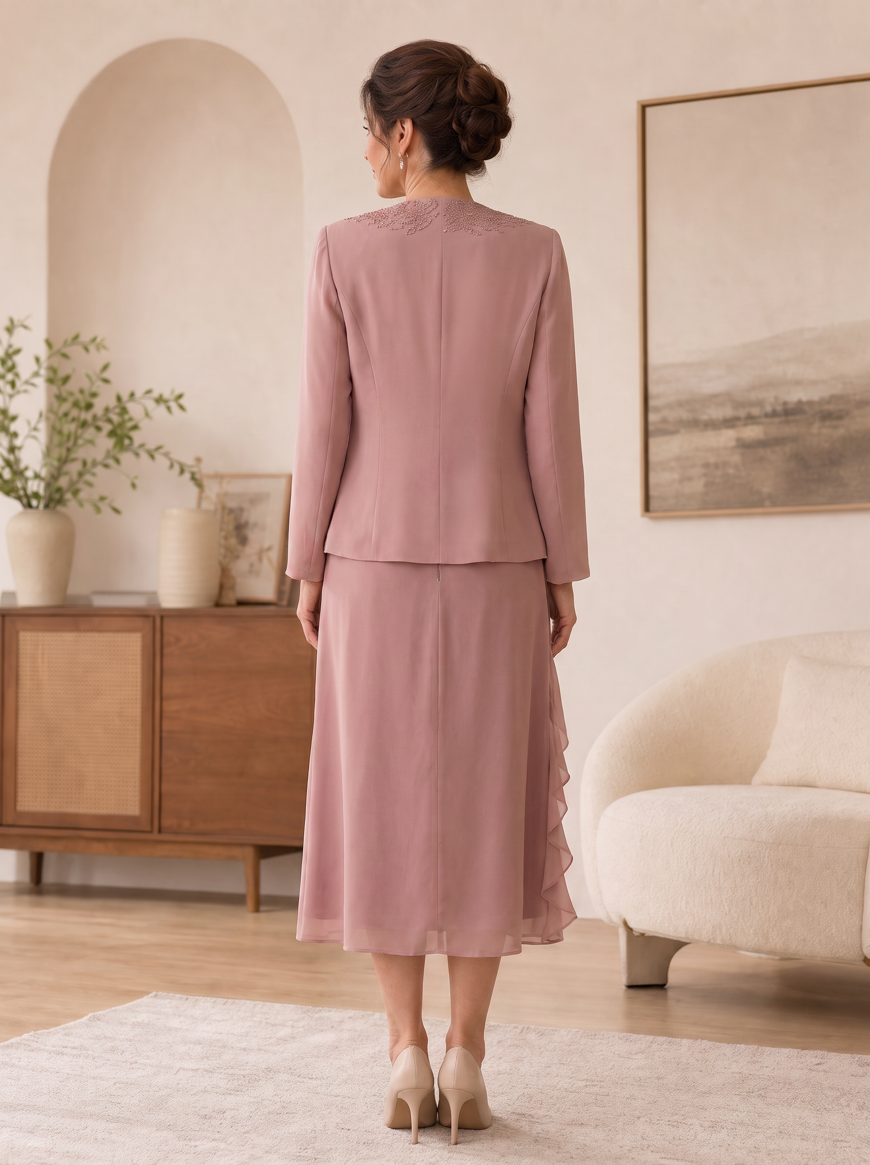Dusty Rose Long Sleeve Jacket Ruffled Midi Mother of the Bride Dress