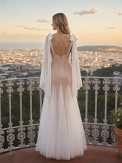Square Neck Champagne and Ivory Beaded Evening Dresses with Flowing Shoulder Ties and Trumpet Skirt
