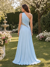 Light Blue One-Shoulder Beaded Embellished Satin Floor-Length Gown Dress