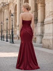 Strapless Wine Red Pleated Satin Evening Dresses with Draped Bodice and Mermaid Skirt