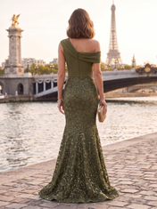 Olive Green Beaded Mesh One-Shoulder Draped Bodice Mermaid Floor-Length Gown Dress