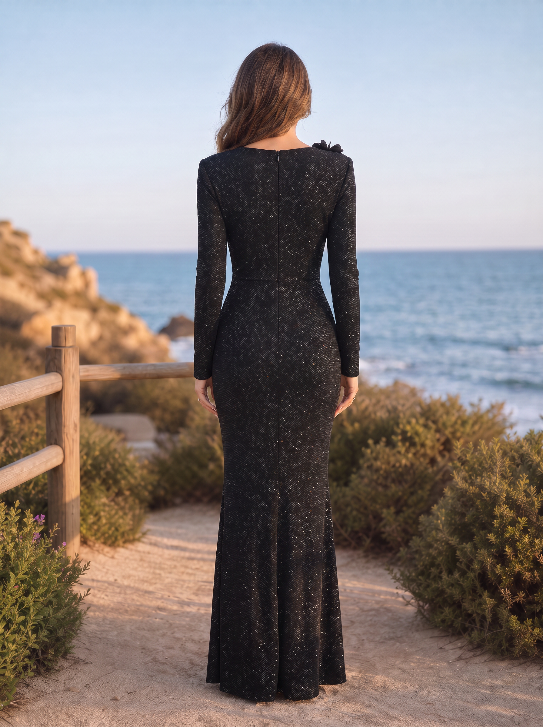 Black Glitter Knit Asymmetrical One-Shoulder Floral Applique Mermaid Floor-Length Gown Dress