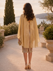 Shoulder-Cape Gold Sequin Knee-Length Evening Dresses with 3D Floral Appliqués
