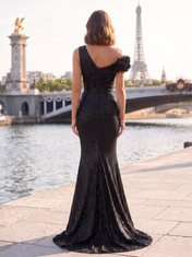 Black Sparkle Glitter Mesh One-Shoulder 3D Floral Mermaid Floor-Length Gown Dress
