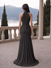 Dark Grey Halter Neck Sleeveless Pleated Lace Panel Sheath Floor-Length Gown Dress