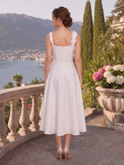 White Square Neck Floral Applique A-Line Midi-Length Gown Dress