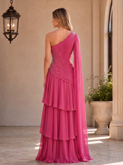 Fuchsia One-Shoulder Beaded Tiered Chiffon Floor-Length Gown Dress
