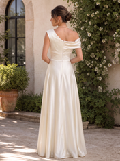 Champagne One-Shoulder Floral Satin Floor-Length Gown Dress