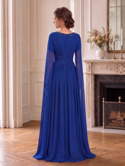 Royal Blue V-Neck Sleeveless Beaded Cape Sleeve A-Line Floor-Length Gown Dress