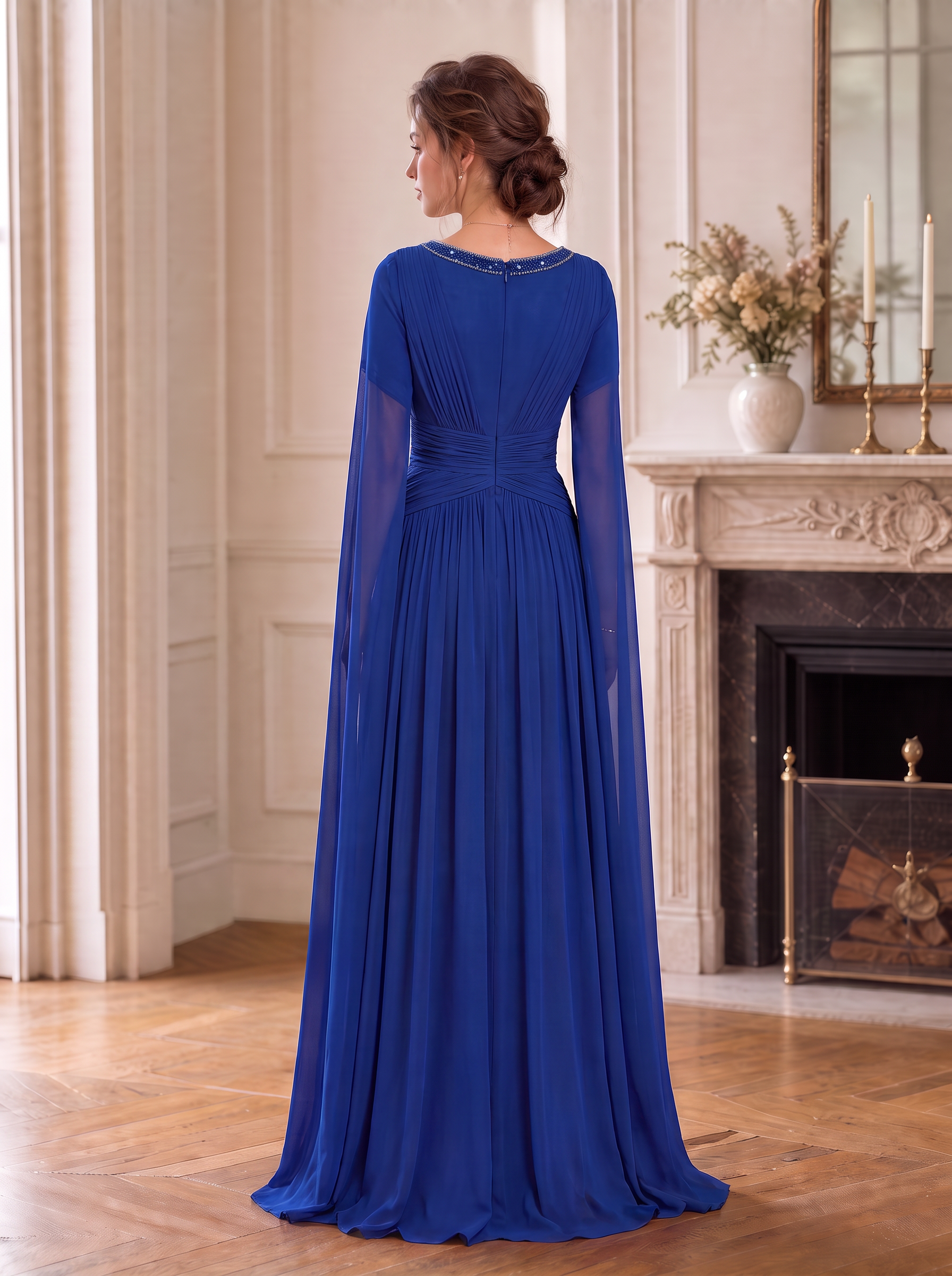 Royal Blue V-Neck Sleeveless Beaded Cape Sleeve A-Line Floor-Length Gown Dress