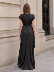 Black Cap Sleeve Satin Draped Sheath Floor-Length Gown Dress