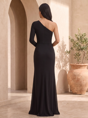 Classic Black Cutout One-Shoulder Long Sleeve Floor-Length Evening Dress