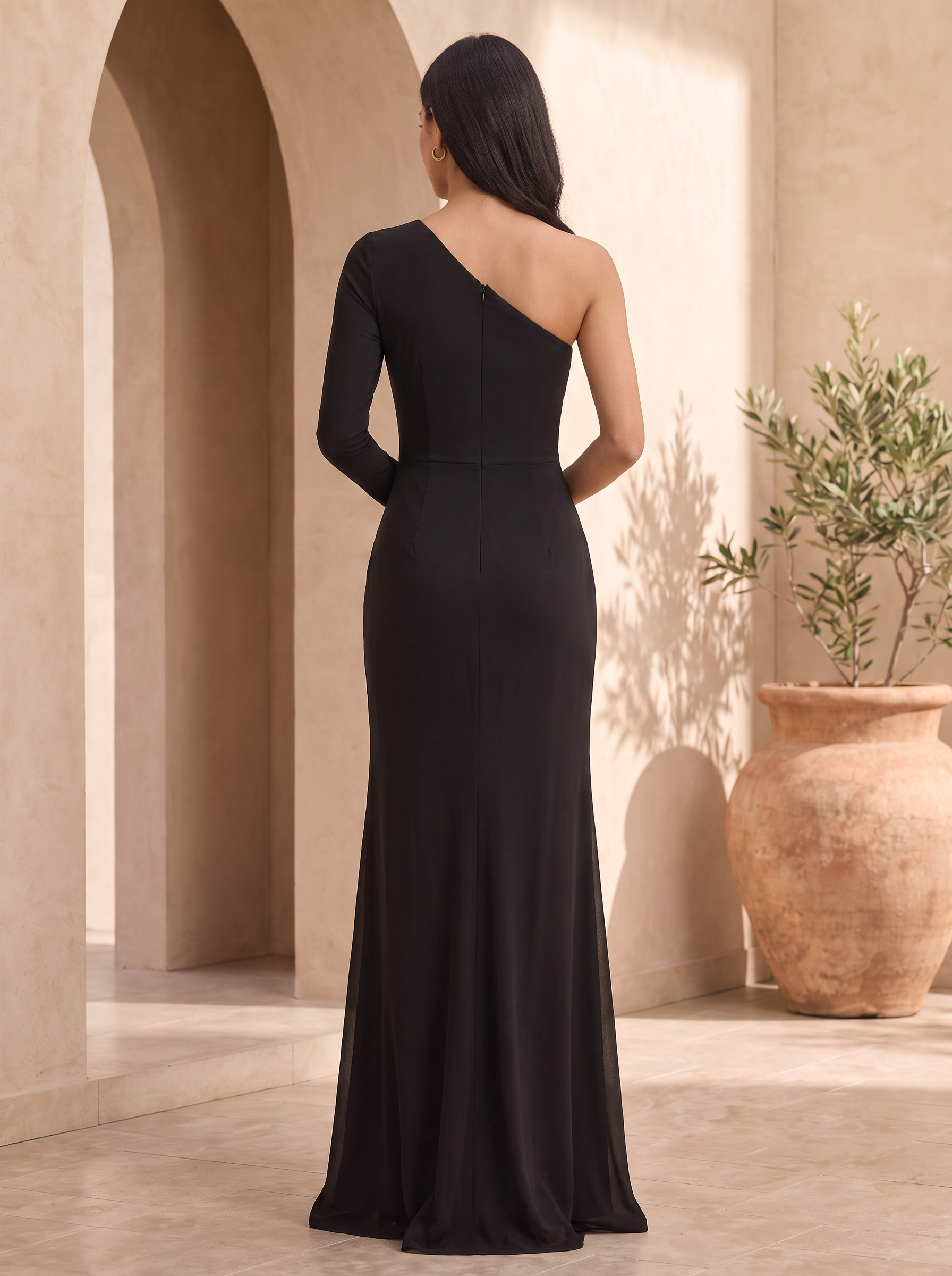 Classic Black Cutout One-Shoulder Long Sleeve Floor-Length Evening Dress