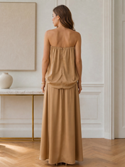 Strapless Caramel Satin Silk Evening Dresses with Draped Bodice and A-Line Skirt