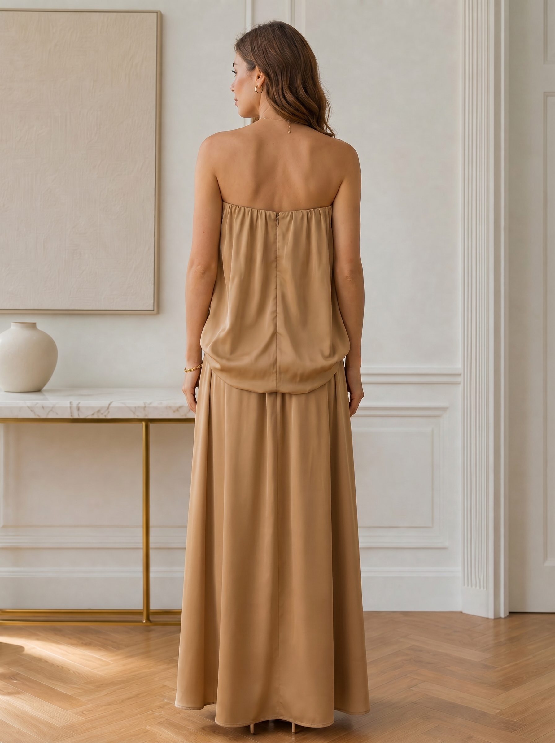 Strapless Caramel Satin Silk Evening Dresses with Draped Bodice and A-Line Skirt