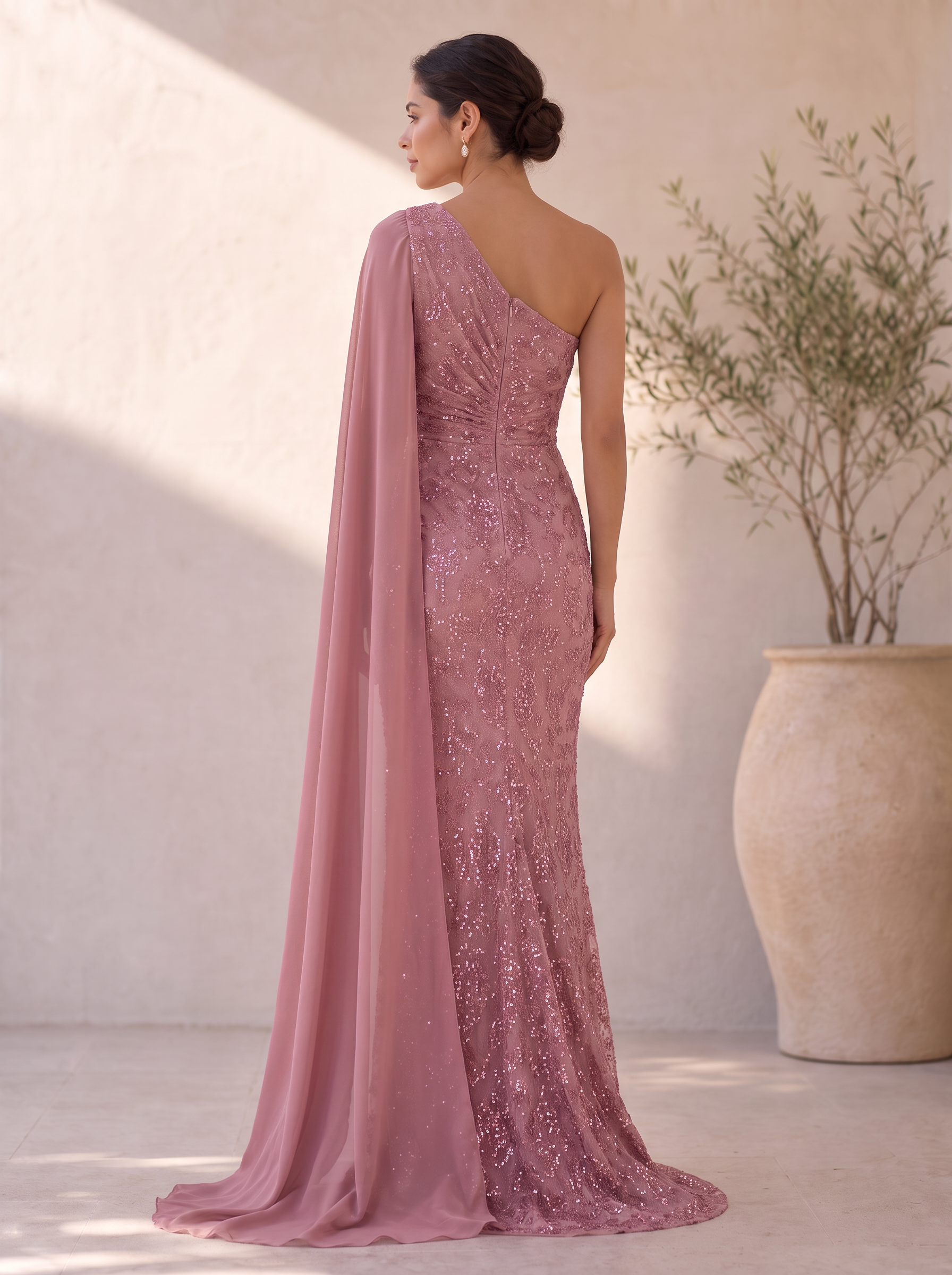 Dusty Rose One-Shoulder Ruched Sequin Lace Floor-Length Gown Dress